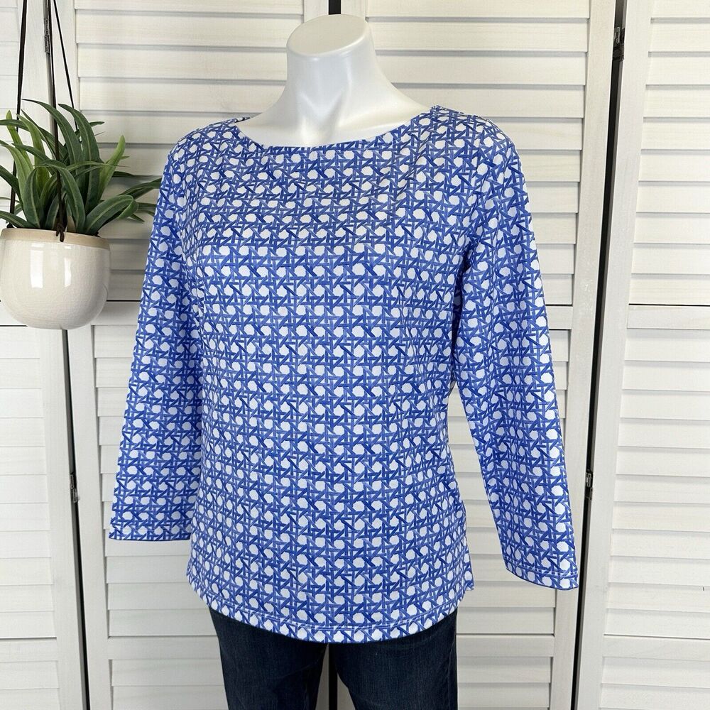Vineyard Vines UPF Simple Printed Boatneck Tee Blue White Geo 3/4 Shirt Size M‎